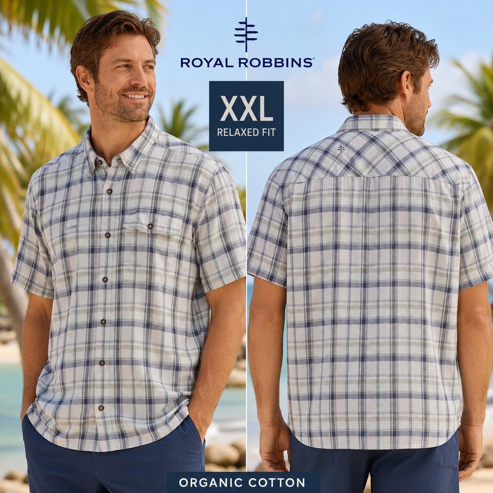 Royal Robbins Mens XL Blue Green Plaid Organic Cotton Relaxed Fit Shirt Y721005 - Picture 1 of 12